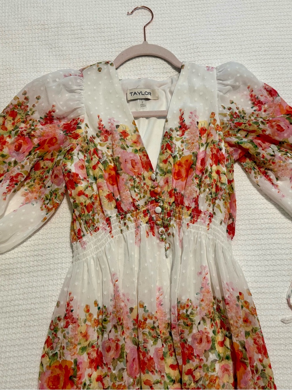 T.J.Maxx White Floral Puff-Sleeve Dress with Pink and Red Blooms